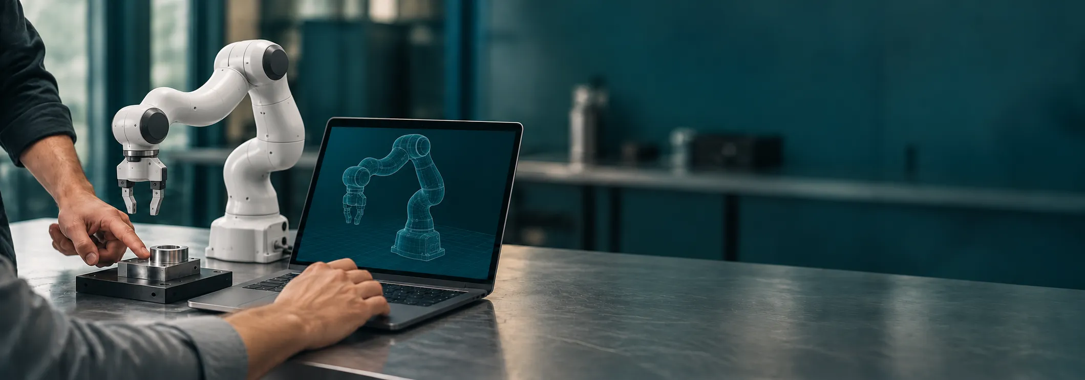 Engineers compare a seven-axis research robot’s digital model with a physical test on a workbench
